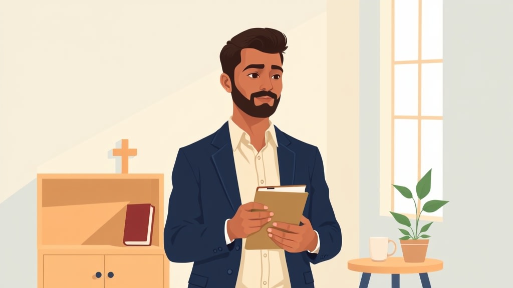 A friendly middle-aged Hispanic male pastor standing thoughtfully in a warm church office holding a single bound paper notebook beside a simple wooden shelf with a small Bible on it