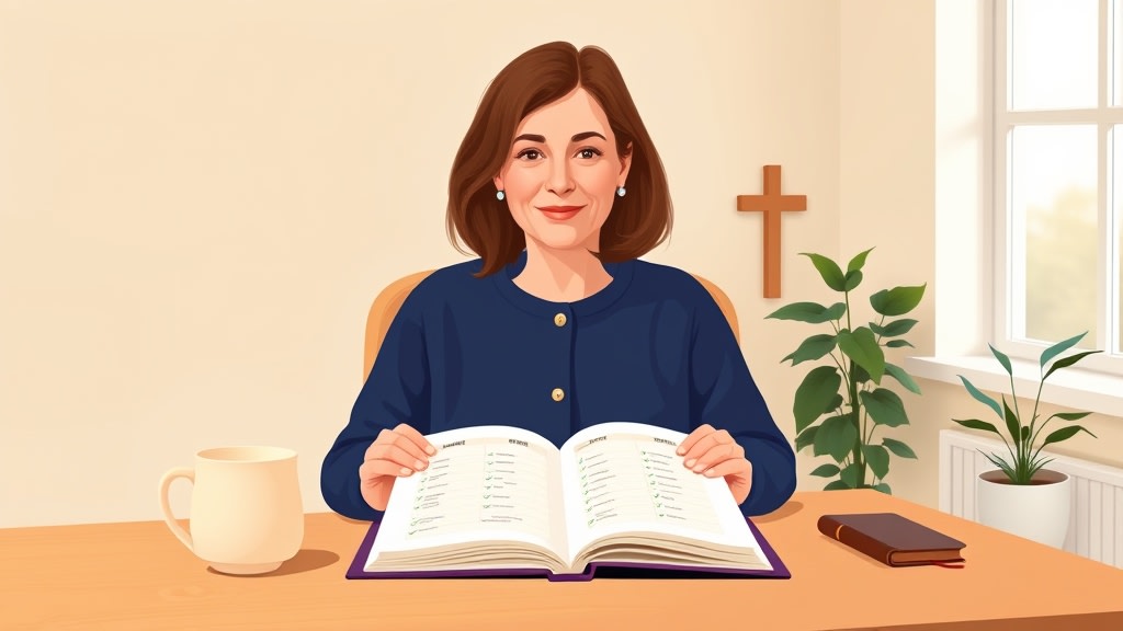 A friendly middle-aged white female care team chair sitting calmly at a simple wooden desk in a warm church office looking at a single open paper planner with short handwritten family names