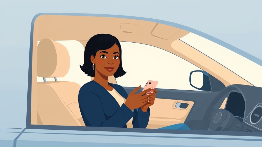 A friendly young African American female deacon sitting calmly in her parked car holding a single phone at chest height with a small leather Bible on the passenger seat