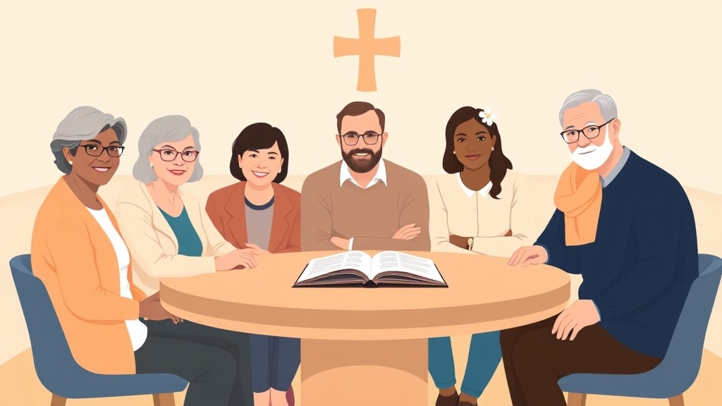 Four diverse care team members and a pastor sitting calmly around a simple round wooden table in a warm church meeting room with one member holding a single open paper planner