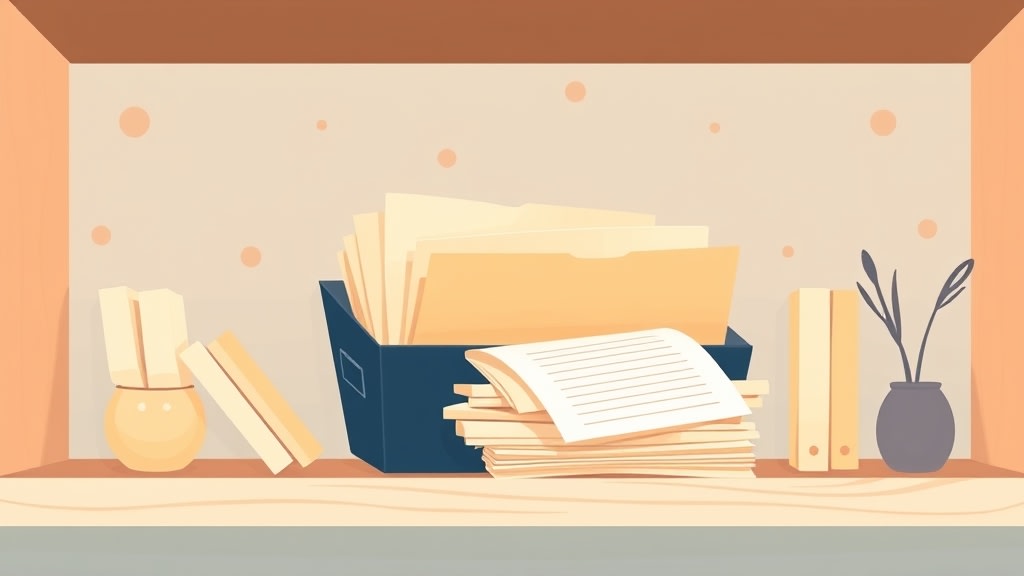A stack of file folders and papers that look old and disorganized on a church office shelf