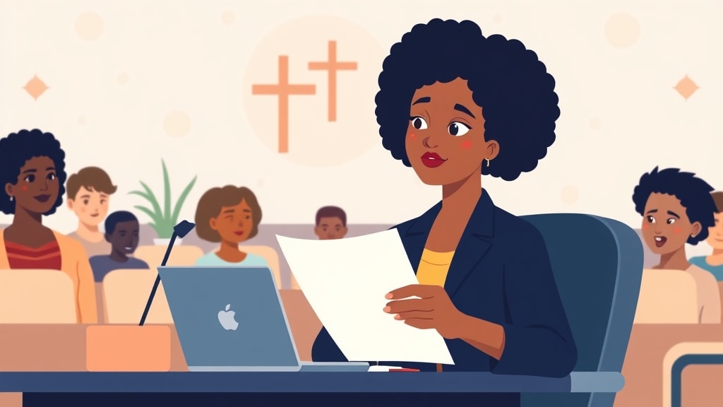 A church administrator looking at a paper document at a desk with a slightly concerned expression