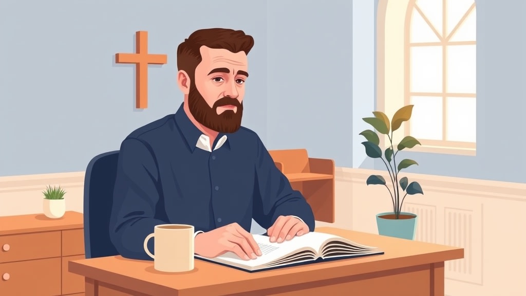 A thoughtful middle-aged pastor sitting at a simple wooden desk in a quiet church office with his hands resting on a single printed page of household names, an empty wooden church pew visible through a window behind him