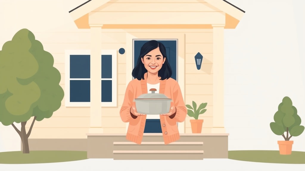 A middle-aged Asian woman in a soft peach cardigan carefully holding a covered casserole dish in front of a warm cream-colored family home with a small potted plant on the wooden porch