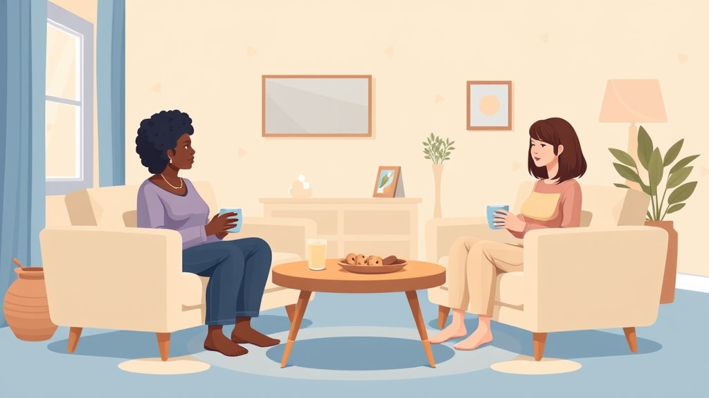 A friendly middle-aged African American woman and a younger white woman sitting calmly across a low wooden coffee table in a warm cream-walled living room, both holding simple ceramic mugs in a quiet honest conversation