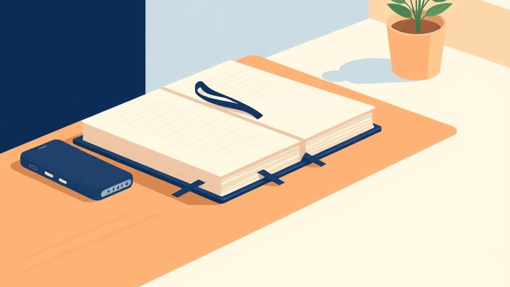A single closed cream planner book resting on a plain wooden desk beside a simple navy phone in warm afternoon window light with a small wooden cross on the cream wall in the background, no people