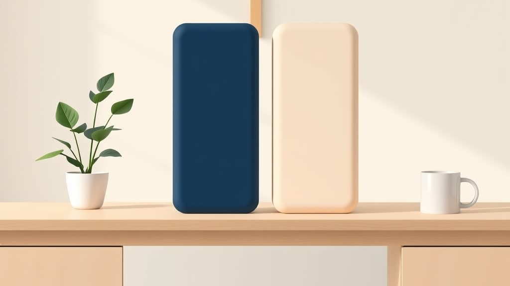 Two simple solid colored building block shapes, one navy and one cream, standing side by side on a plain wooden church office desk with a small wooden cross on the cream wall in soft morning light, no people
