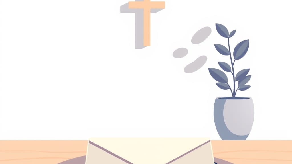A single closed cream envelope resting on a plain wooden desk beside a small closed planner book with a navy ribbon bookmark and a small wooden cross on the cream wall in warm afternoon light, no people