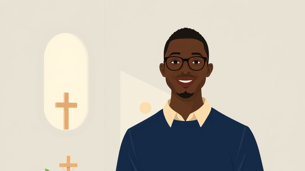 A friendly youthful Black youth pastor with short hair and glasses standing warmly beside a plain wooden church office desk in a cream walled room with a small wooden cross on the wall, both hands resting gently at his sides