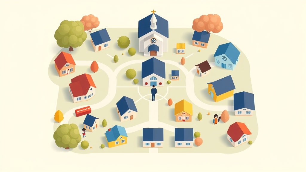 Stylized neighborhood map showing families grouped geographically with a central deacon