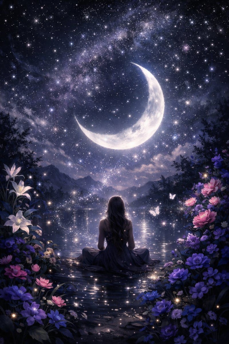 Woman meditating by a lake at night under a crescent moon, symbolising finding light within darkness and inner reflection