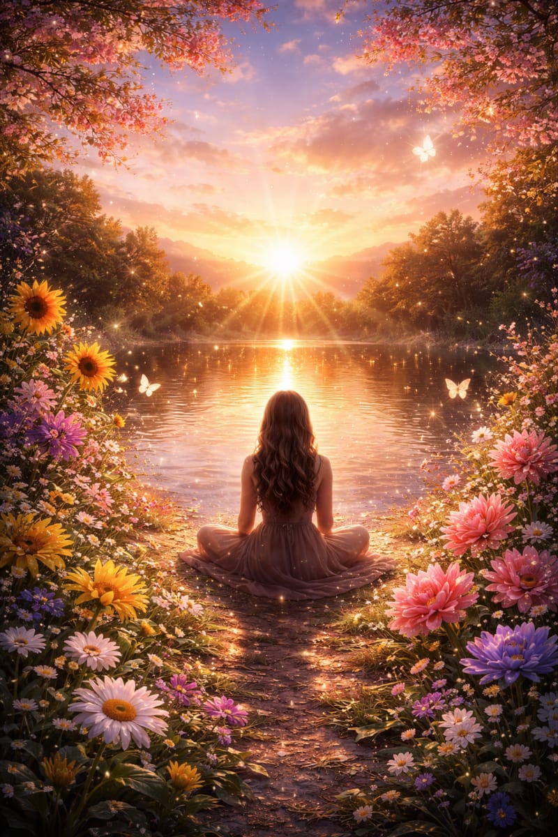 Woman meditating at sunrise by a lake, symbolising new beginnings, shifting beliefs and returning to light