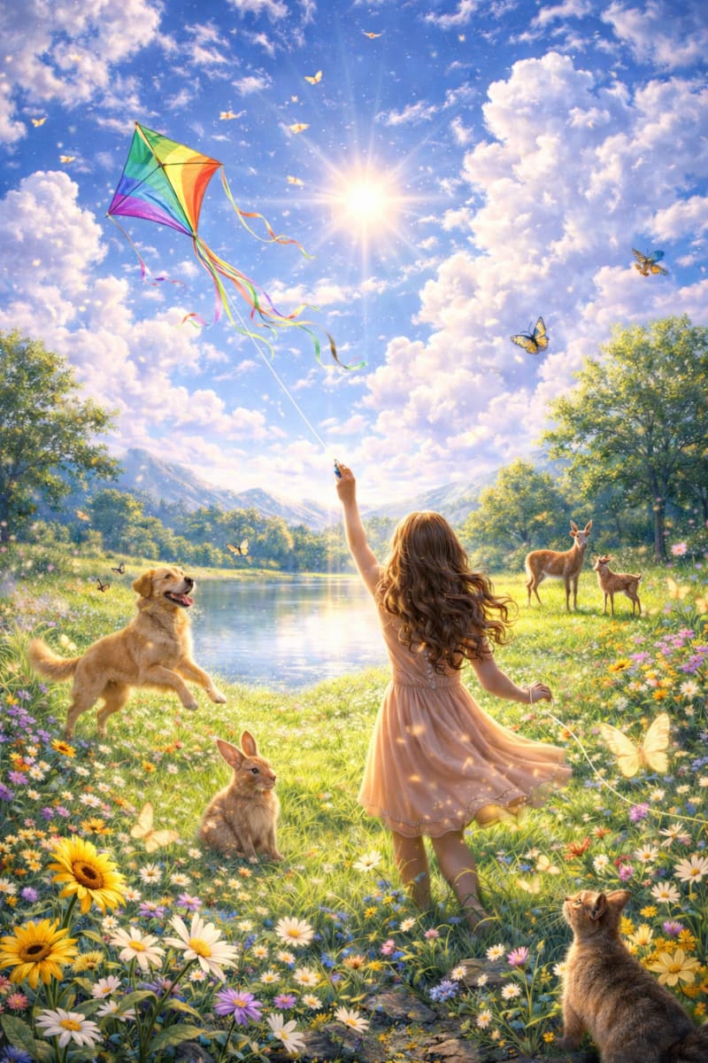 Girl flying a rainbow kite in a bright sunny meadow, surrounded by flowers and animals, symbolising joy, freedom and alignment