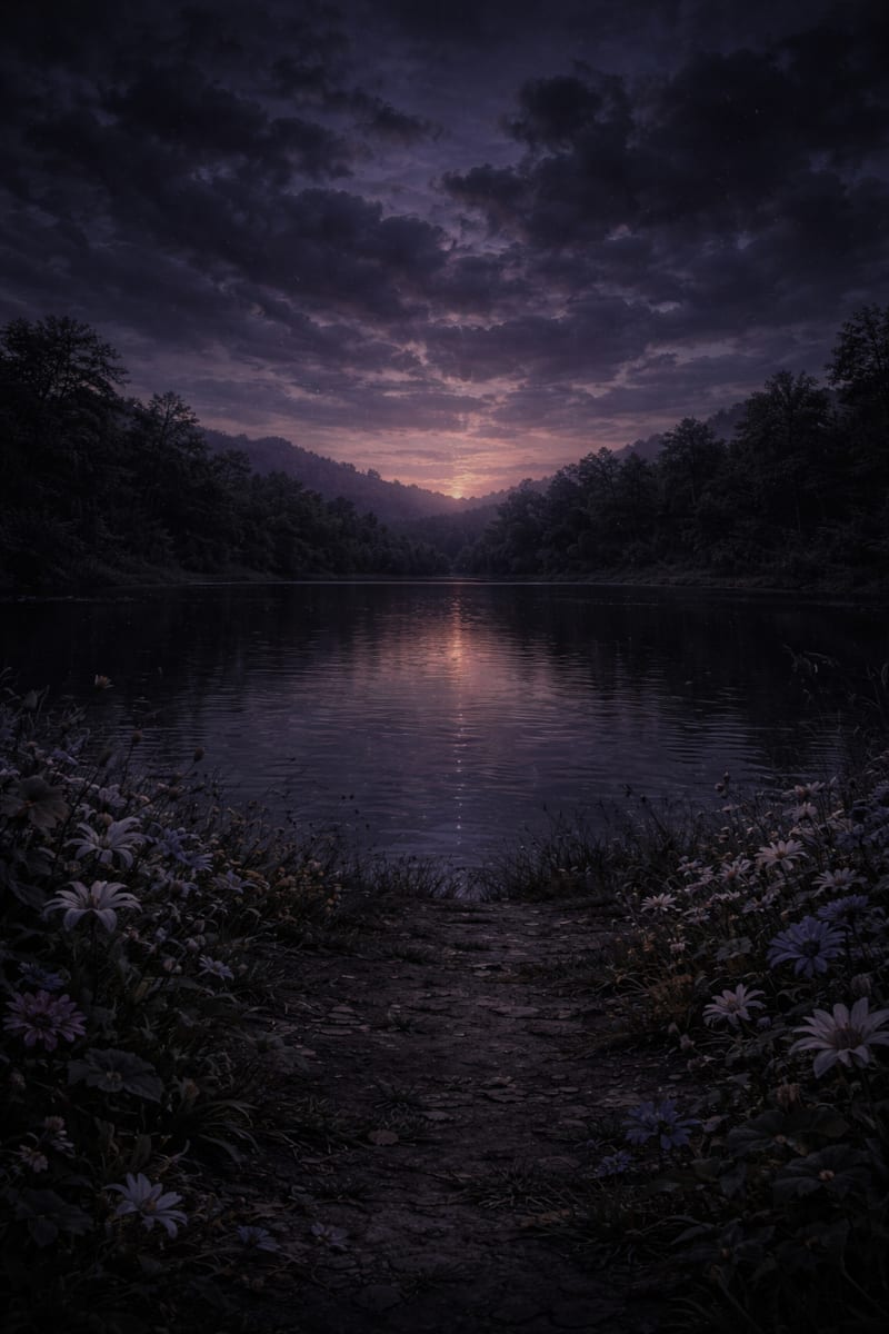 Peaceful lake at dusk with fading sunlight and dark clouds, symbolising reflection, emotional shifts and the return of darkness