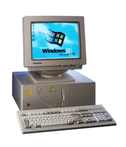 An image of a nineties obsolete tower pc computer  and Windows 95 logo on screen | Credit:  pbombaert - stock.adobe.com