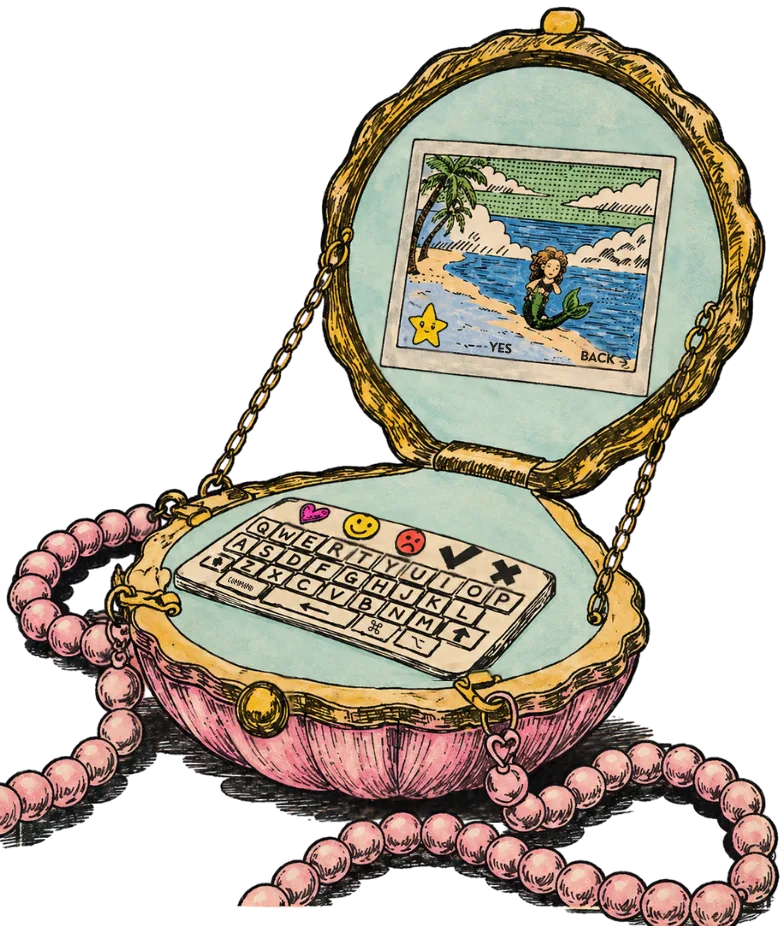 Illustration by Lindsey Brock Morales for The Parlor, after Bossbratbimbo's viral seashell purse cyberdeck.