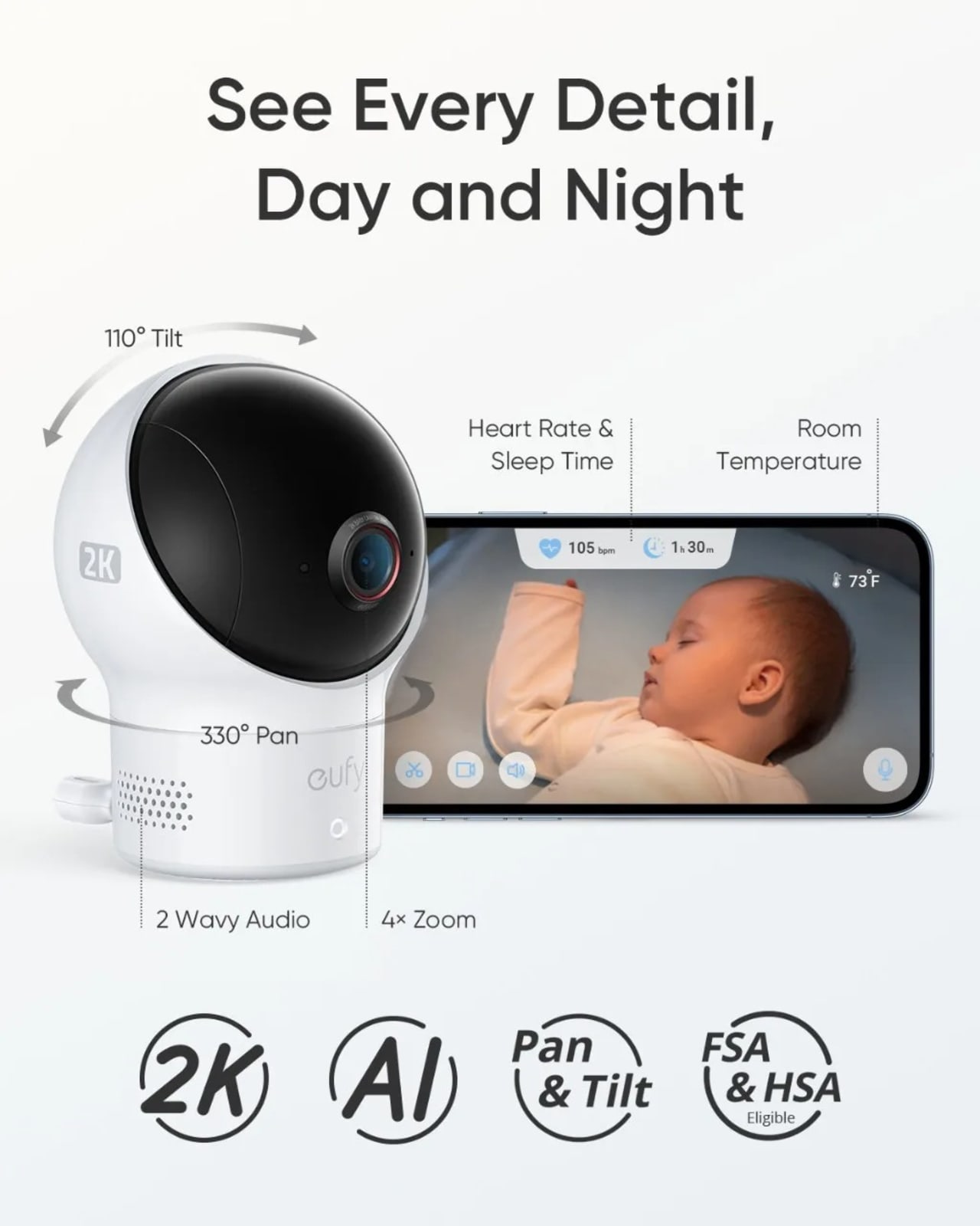 Eufy S340เด็กอัจฉริยะแทรคการนอนหลับรูปแบบ Rate2K หัวใจกล้องความละเอียดภาพของหัวใจ Monito Ai Cry Detectionpan & เอียงแบตเตอรี่24hr