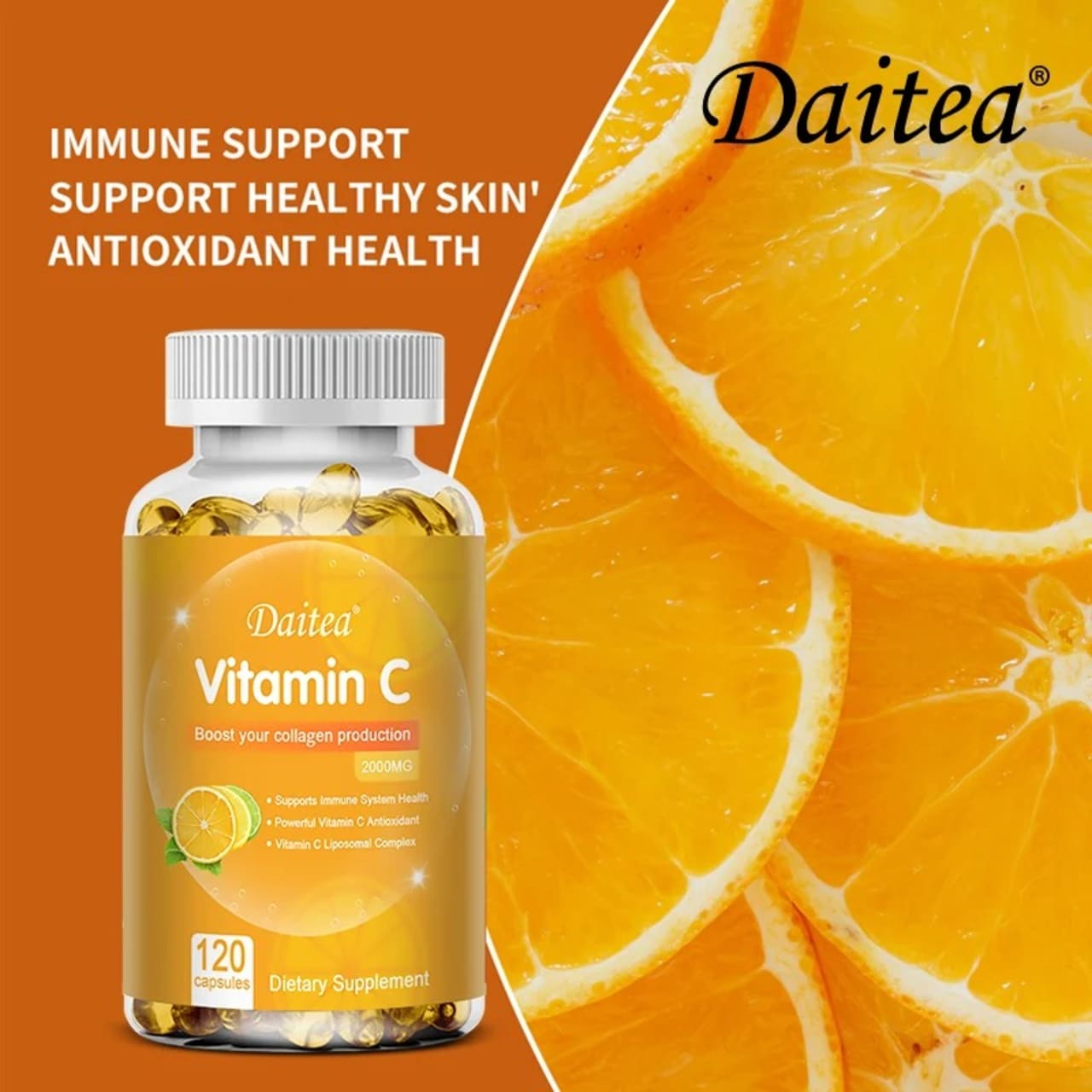 Daitea วิตามินซีแคปซูล2000มก. ผลิตภัณฑ์เสริมอาหาร-สารต้านอนุมูลอิสระส่งเสริมผิวผมเล็บและสุขภาพภูมิคุ้มกัน