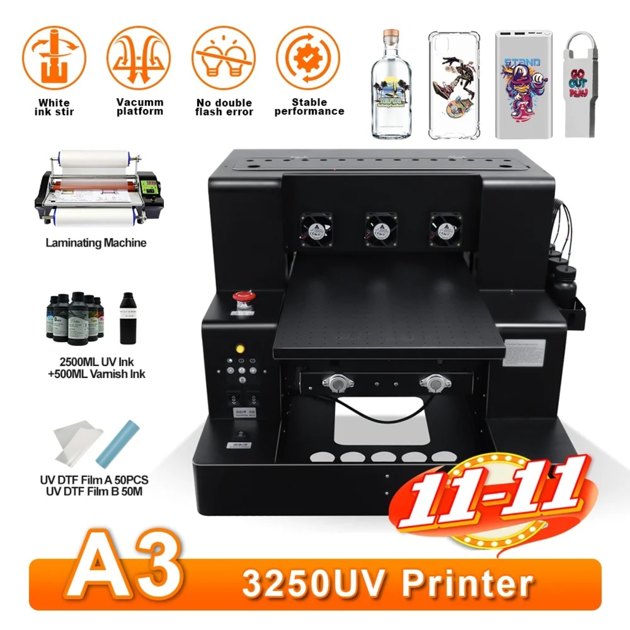 A3 UV DTF impresora พร้อมที่วางขวดน้ำติดรถจักรยานโรตารี่ชุดหมึก UV เครื่องเคลือบ UV DTF เครื่องพิมพ์ฟิล์ม UV DTF A3เครื่องพิมพ์สติกเกอร์ UV