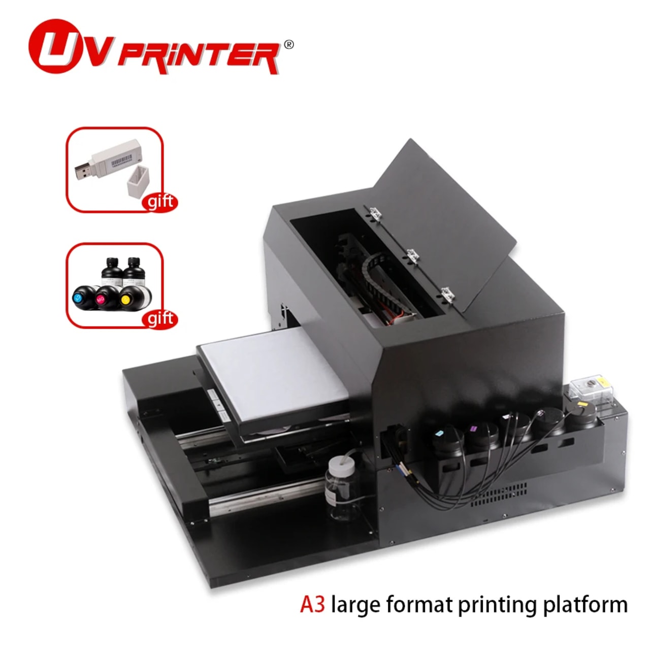 รูปแบบขนาดใหญ่ Inkjet เครื่องพิมพ์ A3ใช้สำหรับไฟแช็ก/Photo/โทรศัพท์มือถือ/กระบอก/เสื้อยืด Multi-การพิมพ์สี