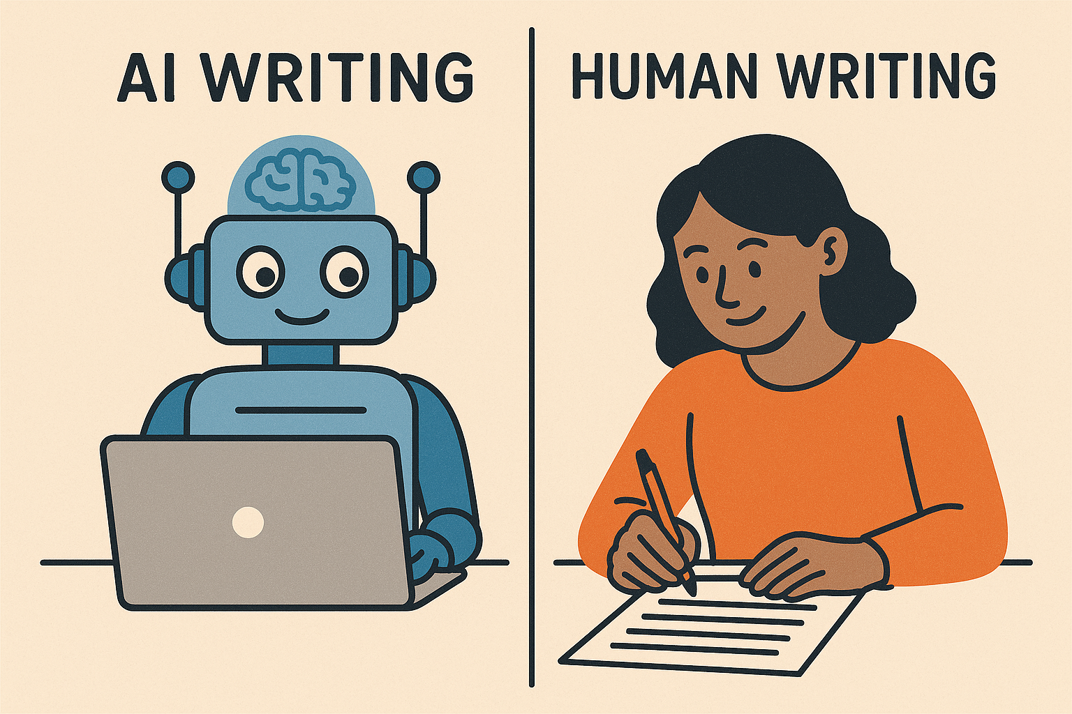 Contrasting image of human writing versus AI generated text showing differences visually