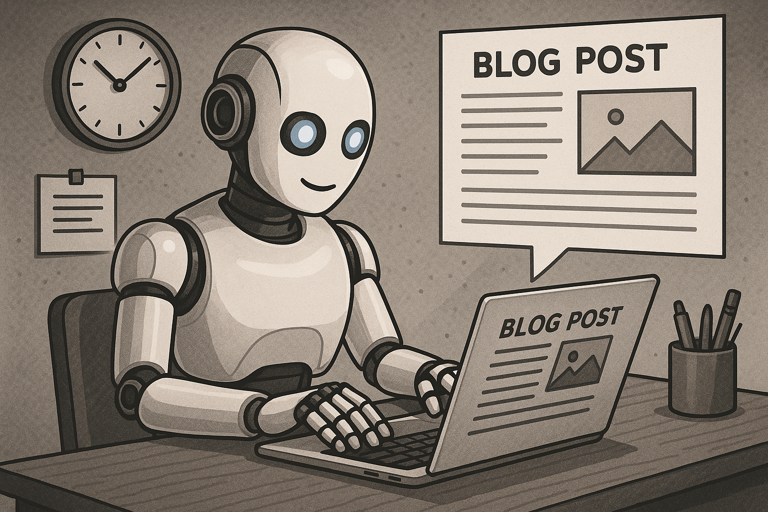 A futuristic AI robot efficiently writing blog posts on a computer screen, surrounded by digital data flows and graphs, symbolizing advanced content generation.