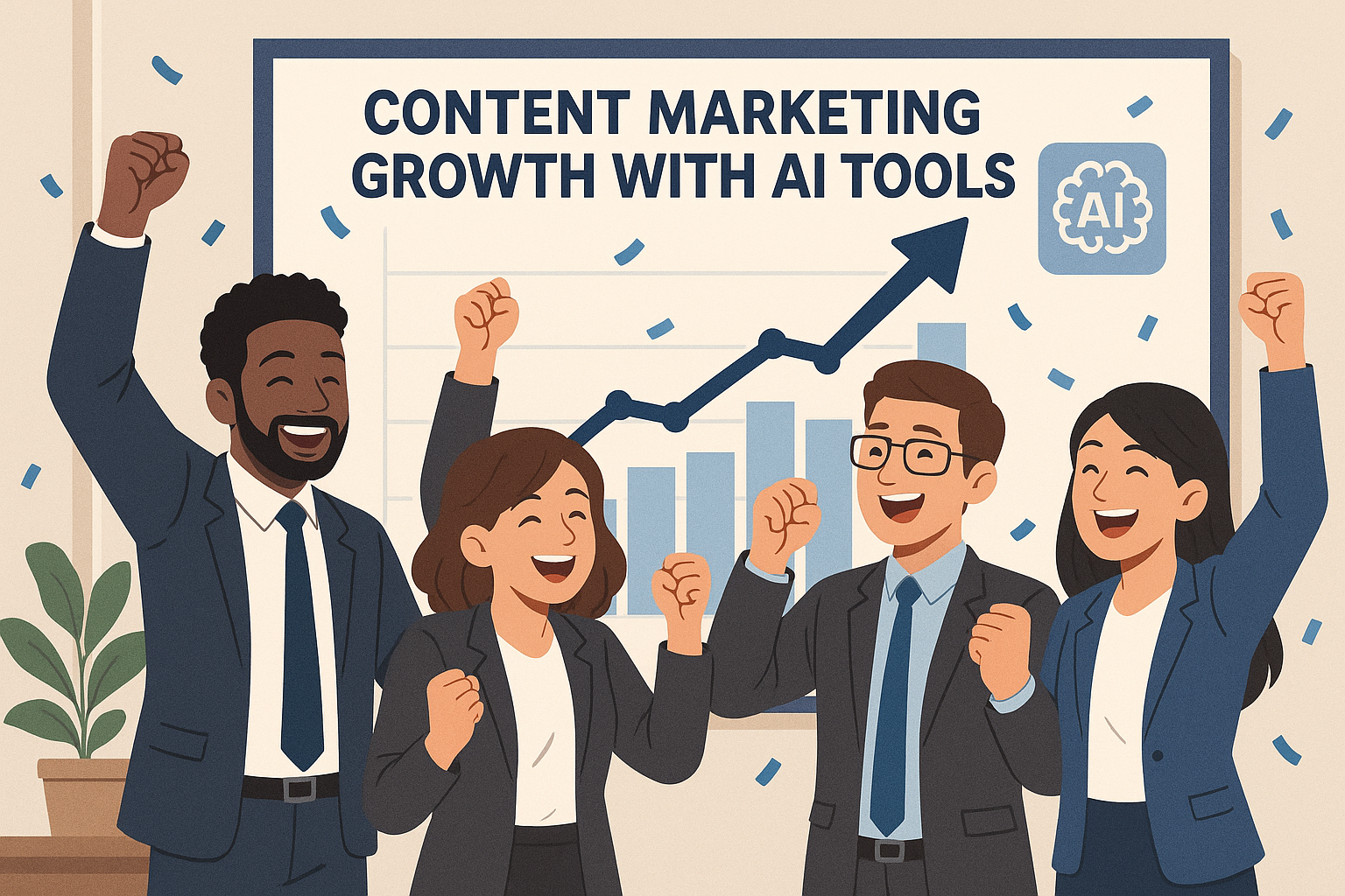 A diverse business team in a futuristic office celebrating content marketing growth with AI tools, showing digital screens with analytics and charts.