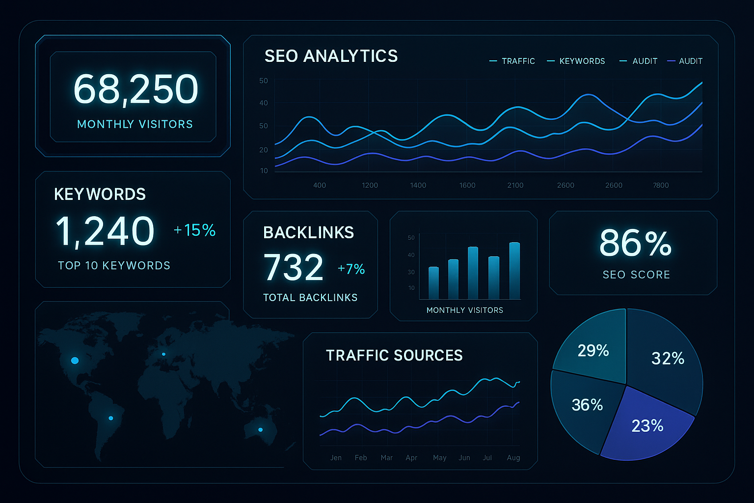 A futuristic digital dashboard displaying SEO analytics, content performance metrics, and optimization recommendations with sleek, modern UI elements, holographic panels, graphs, charts, and AI symbols in blue, purple, and neon colors symbolizing AI's role in content optimization.