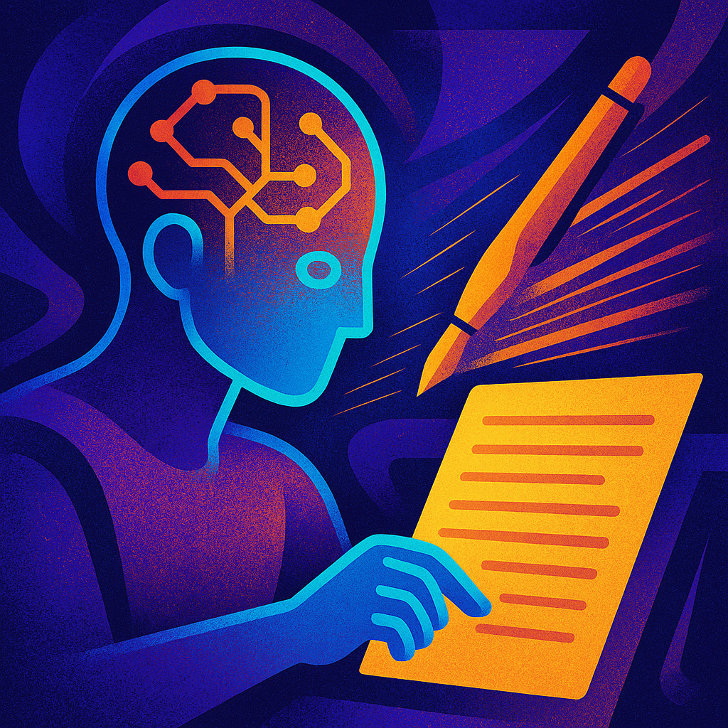 Abstract representation of artificial intelligence writing content quickly with data streams