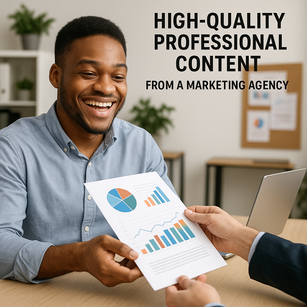 Happy client receiving high-quality, professional content from a marketing agency, symbolizing successful AI integration