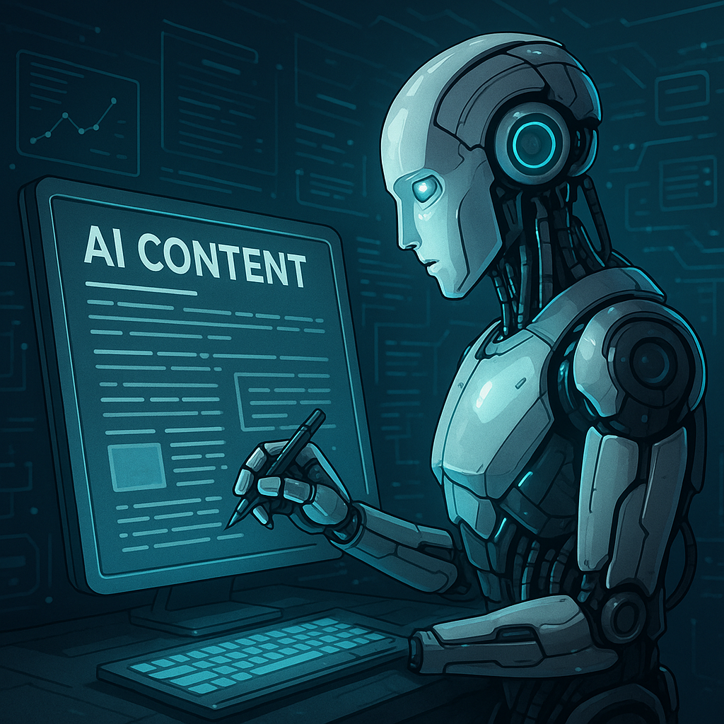 Close-up of a high-tech robot arm holding a futuristic pen, writing text on a transparent digital screen with holographic data and interface elements in neon blue tones.