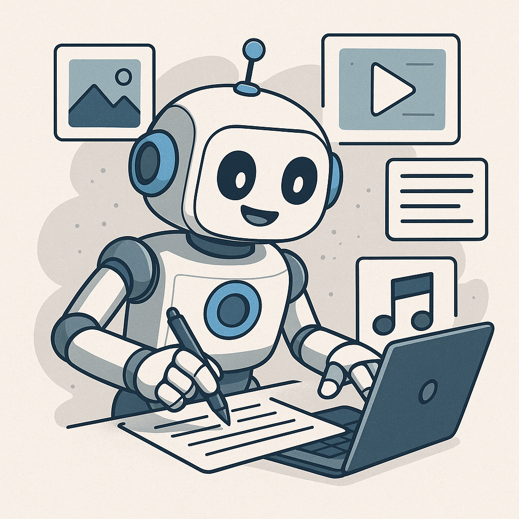 A futuristic AI content creation robot with human-like features sitting in front of multiple digital screens showing article writing and digital interfaces with bright holographic lights.