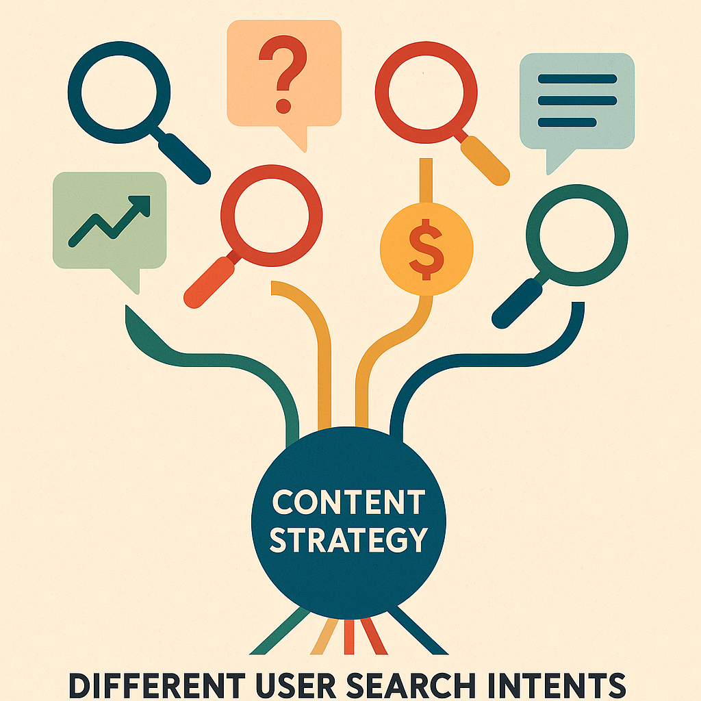 Abstract visualization of diverse user search intents, with icons representing 'learn', 'buy', 'navigate', and 'compare' converging into a central, glowing content strategy hub, indicating a shift from keywords to holistic intent analysis