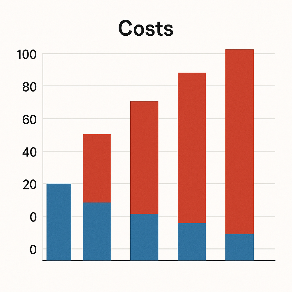 A comparative chart showing a stark cost difference between manual content creation (high bar) and AI-automated content (low bar).