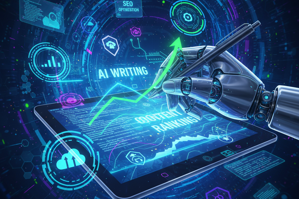 A stylized representation of an AI processing content, with gears and data streams, symbolizing efficiency and intelligence in content creation.