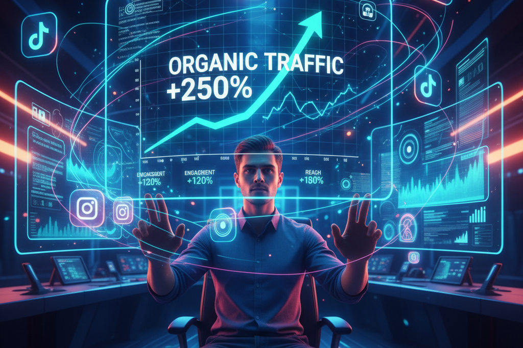 Person analyzing social media metrics with digital screens showing organic traffic growth