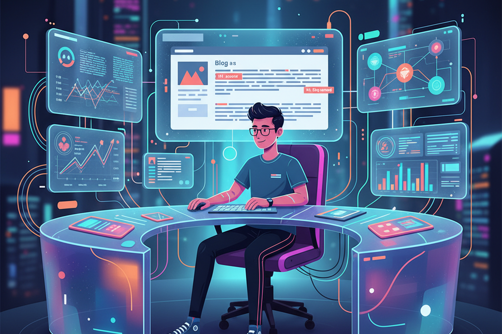 Digital art showing blog content creation and SEO optimization tools on screens