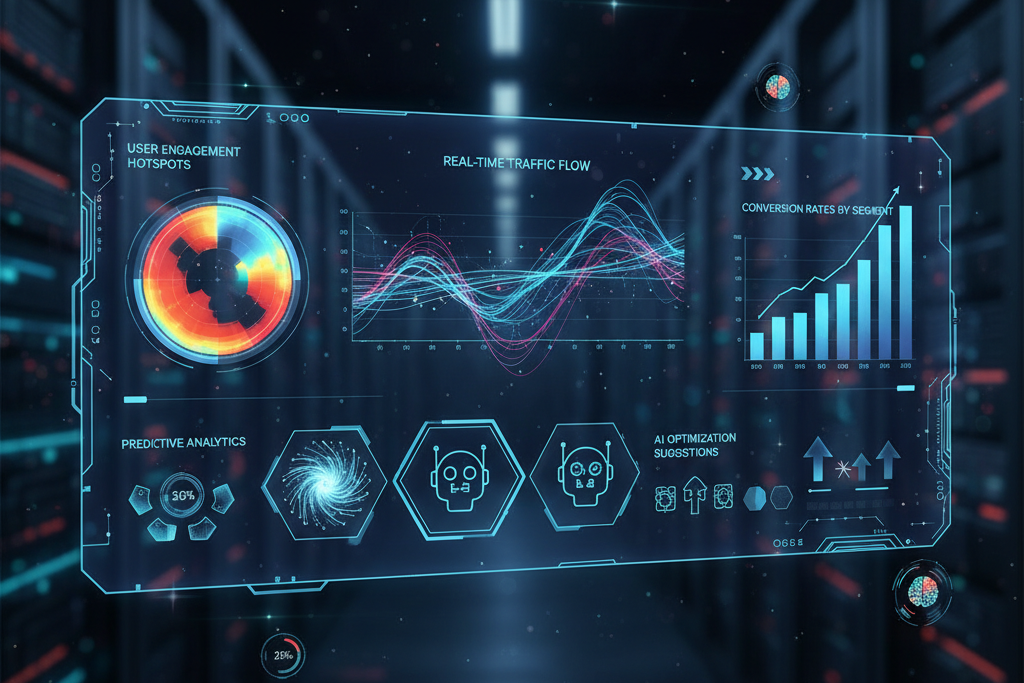 AI-powered analytics dashboard showing data visualization and predictive insights for website performance.
