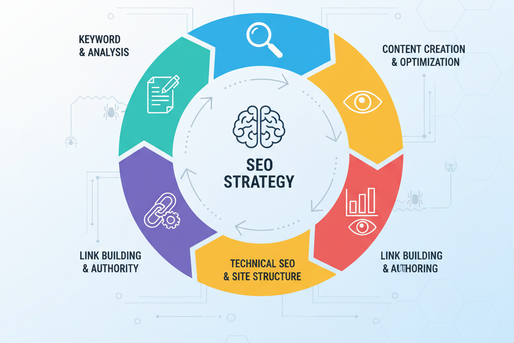 Abstract network diagram showing interconnected nodes, representing a website's internal linking structure.