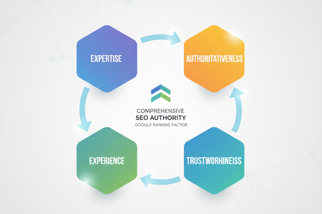 Conceptual image representing experience, expertise, authoritativeness, and trustworthiness in content creation.