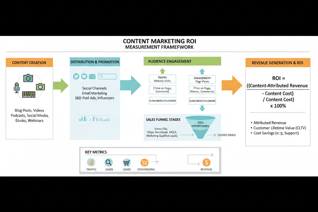 A dashboard displaying various data points and charts, representing different content marketing metrics.