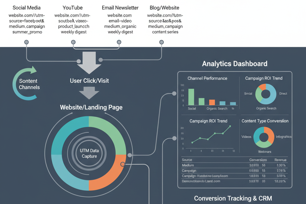 A visual representation of UTM parameters with example URL components, illustrating how they tag campaign data.