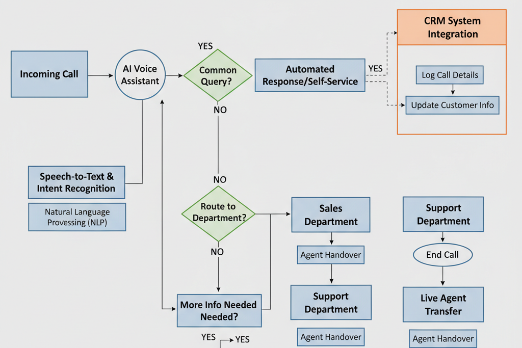 Abstract diagram showing stages of AI voice processing: speech to text, intent recognition, data lookup, and response generation