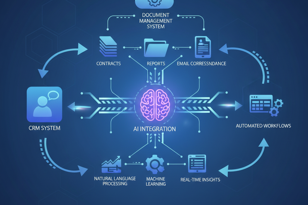 Abstract depiction of data flow automation with AI, showing interconnected systems