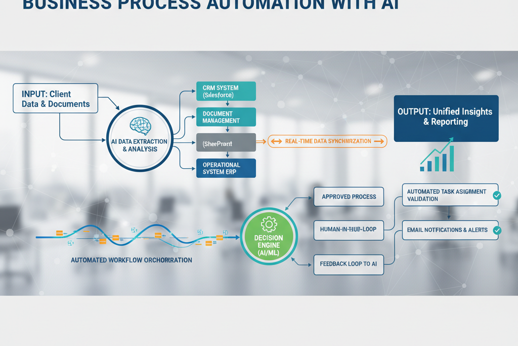 Diagram illustrating the interconnection of various systems via AI integration, showing data flowing between CRM, documents, and other platforms