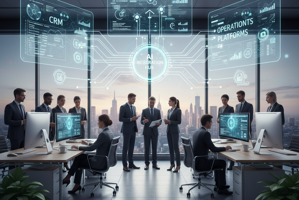 Złożony schemat przepływu danych między różnymi systemami i platformami biznesowymi, symbolizujący automatyzację