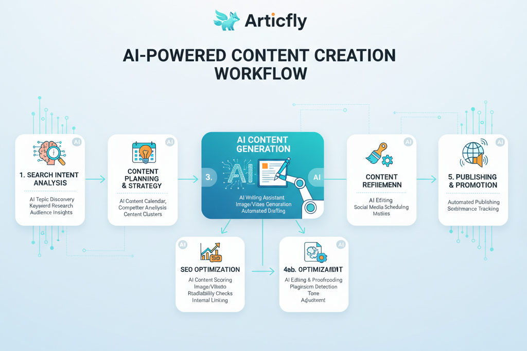 A visual representation of Articfly's AI platform, showing content being generated with a focus on intent analysis.