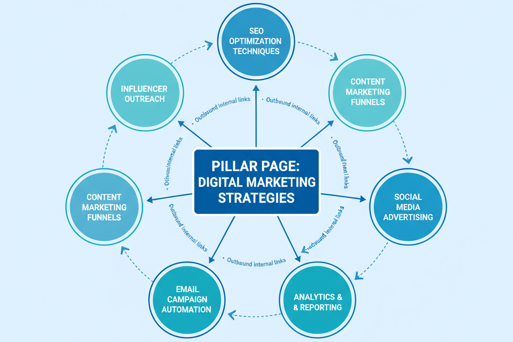 Diagram illustrating the hub and spoke model of a content cluster with a central pillar page and surrounding cluster content.