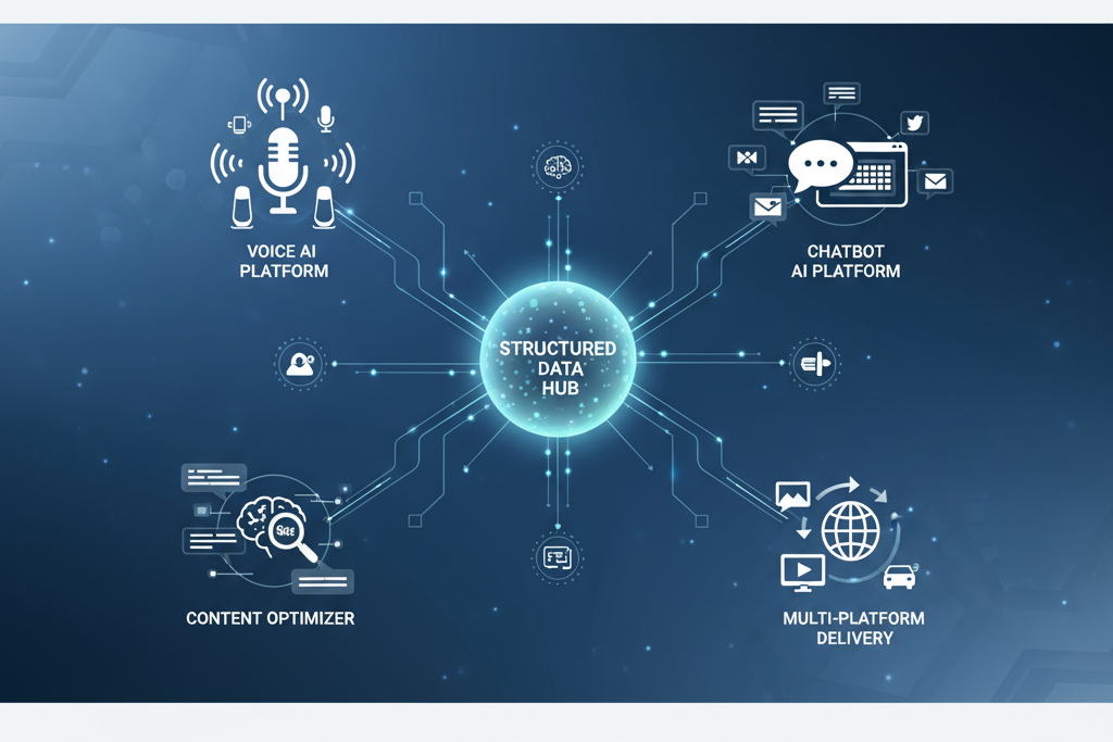 An abstract AI brain visualizes data processing and information retrieval with glowing neural networks.