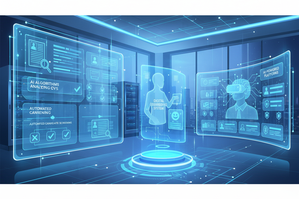 Graficzne przedstawienie algorytmów AI wspierających procesy HR, w tym analizę danych i rekrutację.